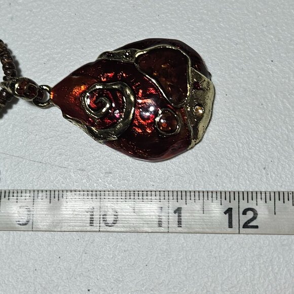 Boho Red Brown Beaded Necklace Teardrop Pendant Gold Tone Swirl Embedded Gems - Picture 9 of 9